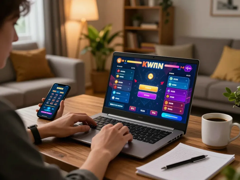Engaging user playing KWIN online casino games with a laptop and smartphone in a cozy setting.