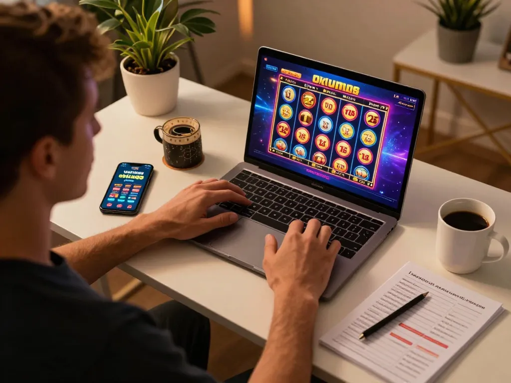 Player engaging with okfun88 online casino games on a modern laptop in a cozy setting