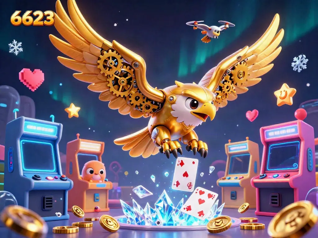 Engaging illustration of a golden eagle symbolizing 6623, soaring through colorful gaming elements.