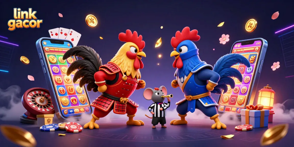 Experience the thrill of gaming with link gacor, featuring dynamic fighting roosters and colorful slot elements energizing the scene.