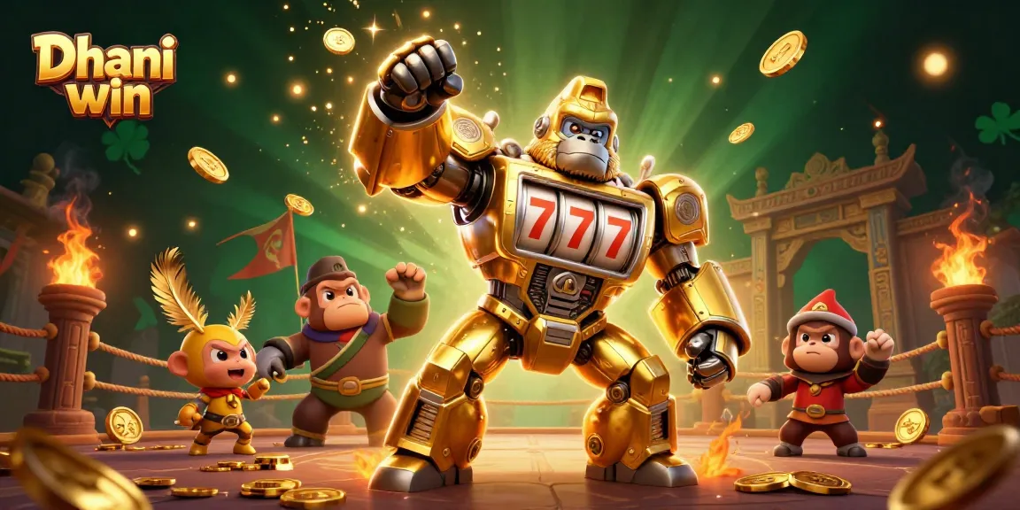 Dhani win features a golden gorilla mech and engaging casino elements, showcasing excitement in gambling.