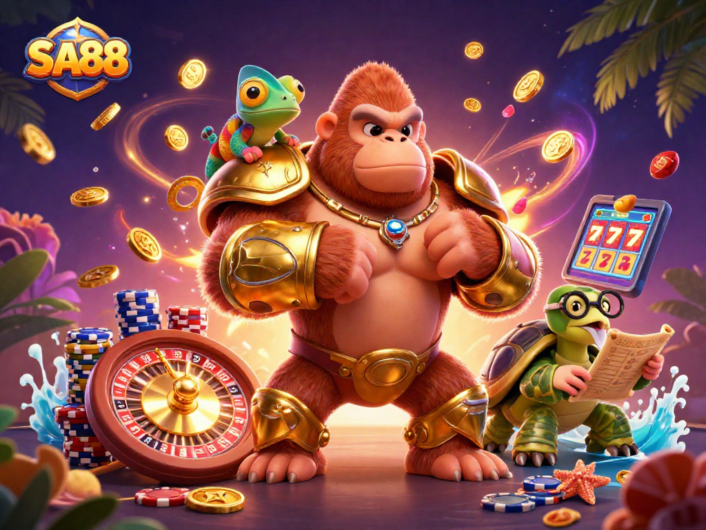 Experience thrilling gameplay at SA88 with a powerful gorilla king, colorful gems, and dynamic casino elements.
