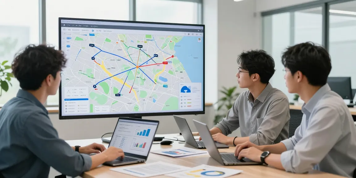 Professionelles Team bei LKW Spedition in Dortmund plant Transporte mit digitalen Karten und Laptops.