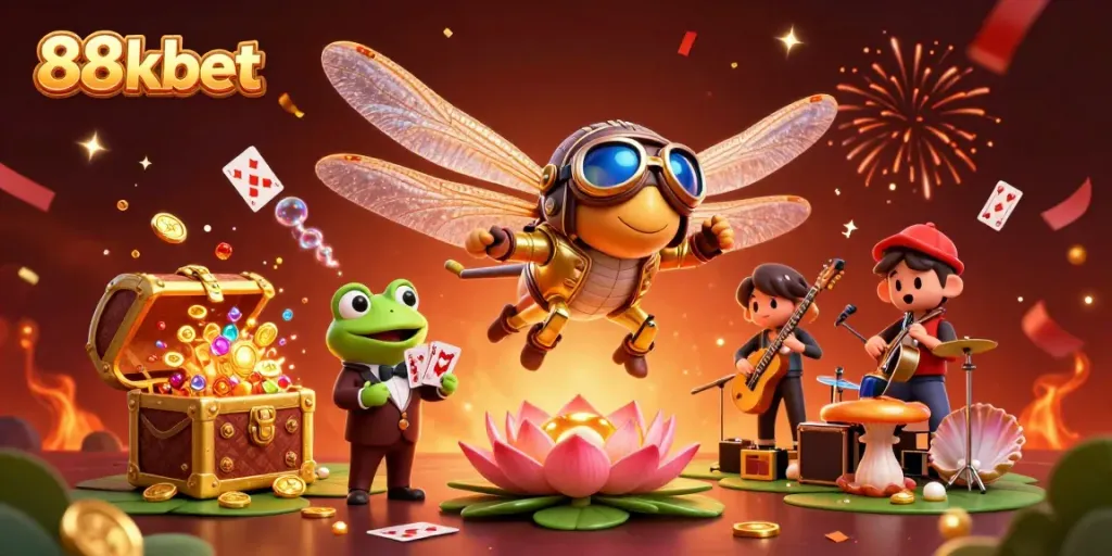 Join the excitement at 88kbet with vibrant illustrations of a dragonfly pilot, frog dealer, and joyful casino scene.