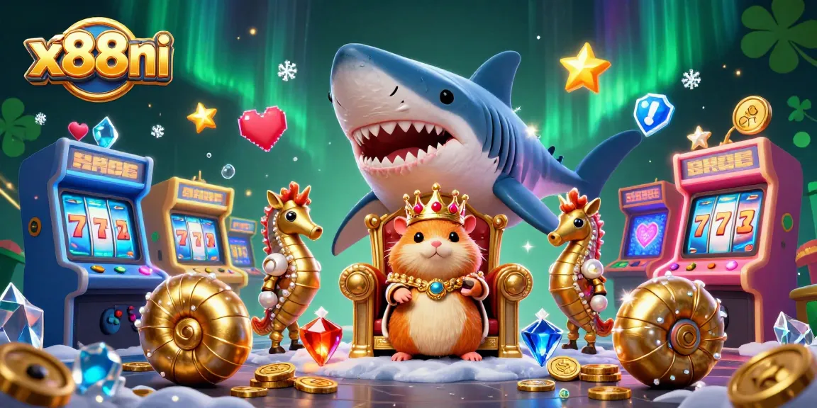 Experience thrilling gameplay at x88ni with unique characters atop a megalodon throne in a vibrant casino scene.