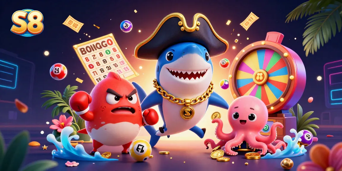 S8 captures thrilling moments in a vibrant casino scene with a shark, pufferfish, and octopus.