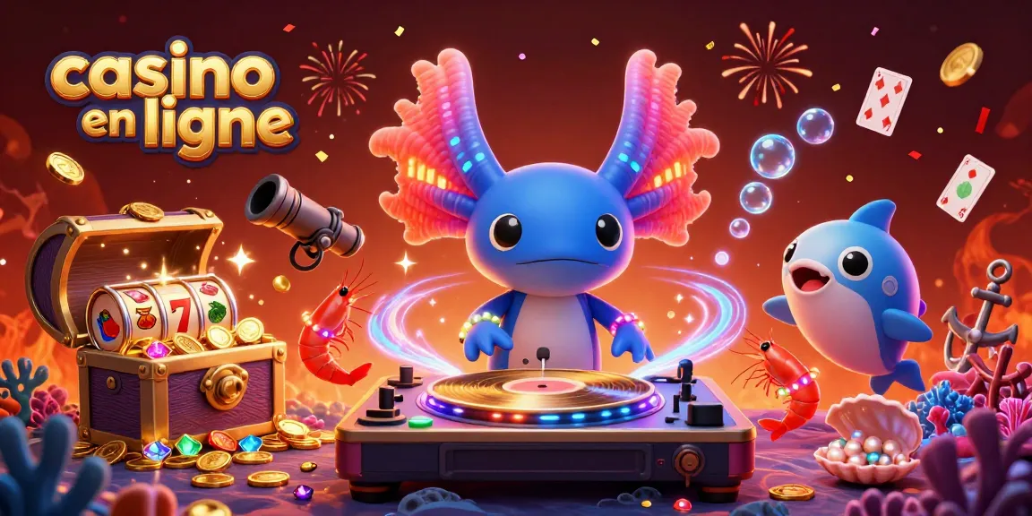 Une scène dynamique de casino en ligne avec un DJ axolotl et des éléments de jeux animés sous-marins.
