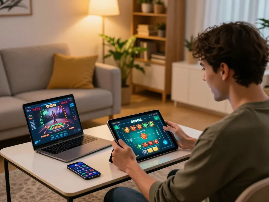 Engaging with Go99 app while placing bets in a cozy gaming setup at home.