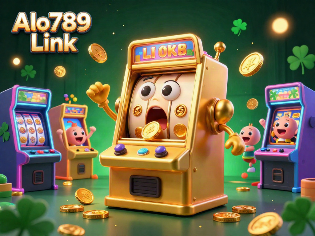 Experience the excitement of Alo789 Link as a golden slot machine celebrates hitting a jackpot amidst cheering baby machines.