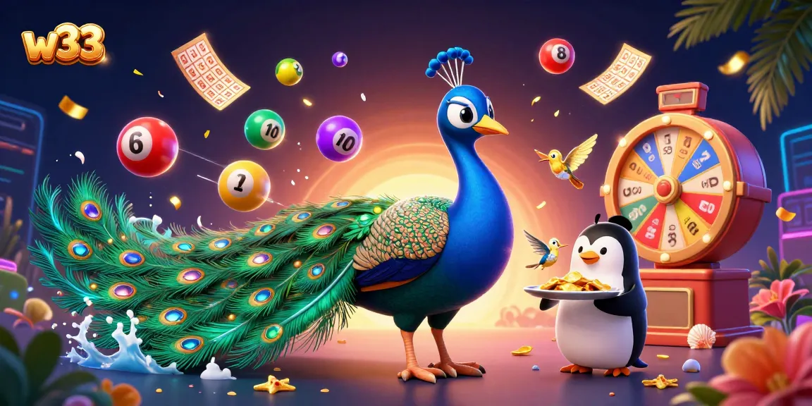 Spin and win with w33 at a vibrant casino scene showcasing a peacock, penguin, and hummingbird.