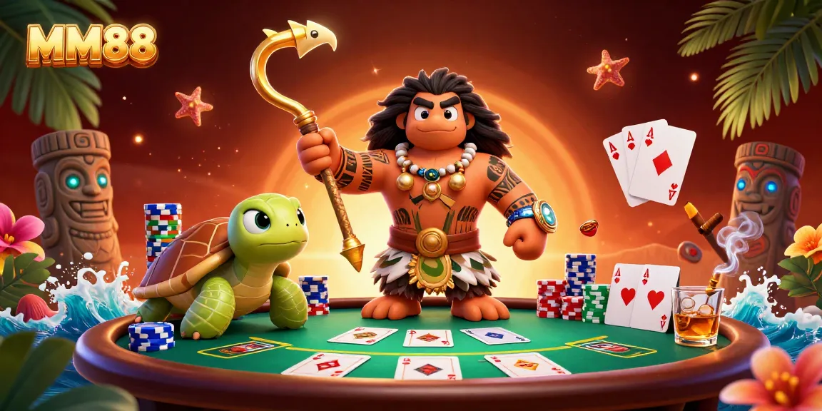 Engage in thrilling gameplay at MM88 with vibrant 3D visuals showcasing poker excitement and unique characters.