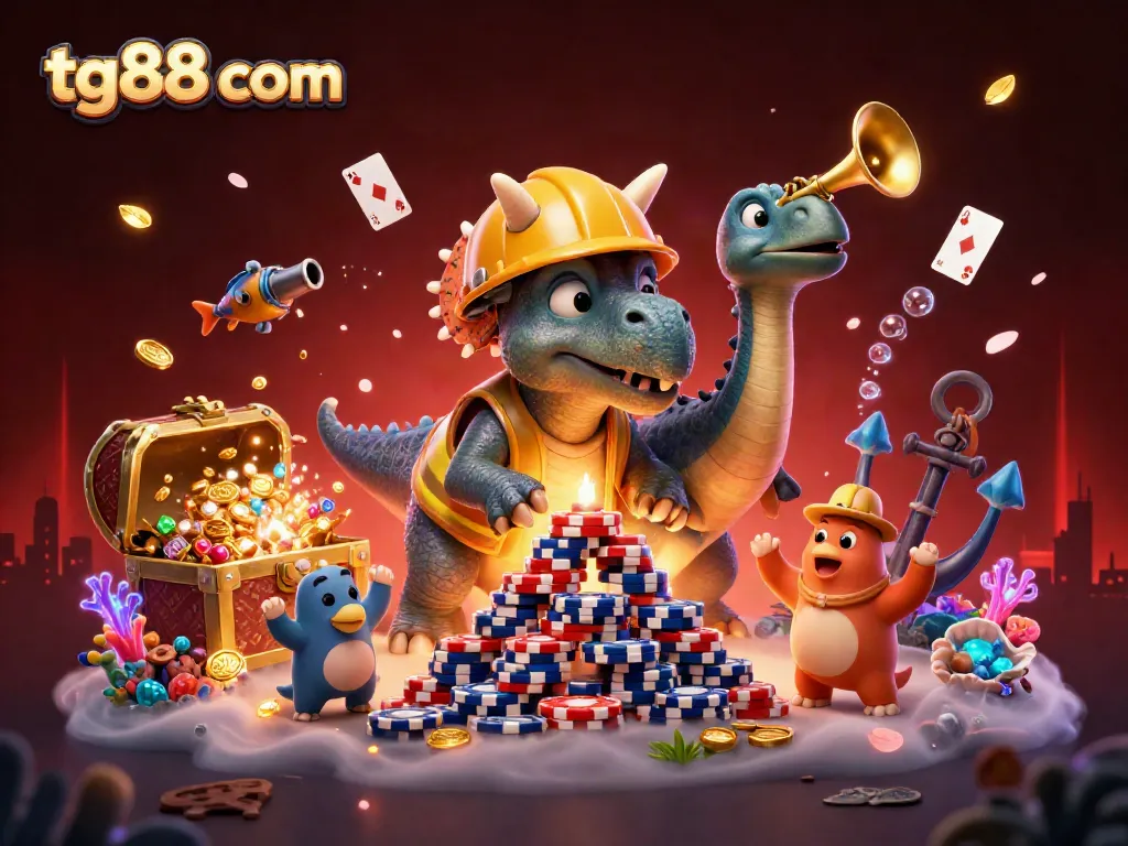 Engage in thrilling gameplay at tg88 com with a festive casino-themed illustration of a triceratops and parasaurolophus celebrating over poker chips.