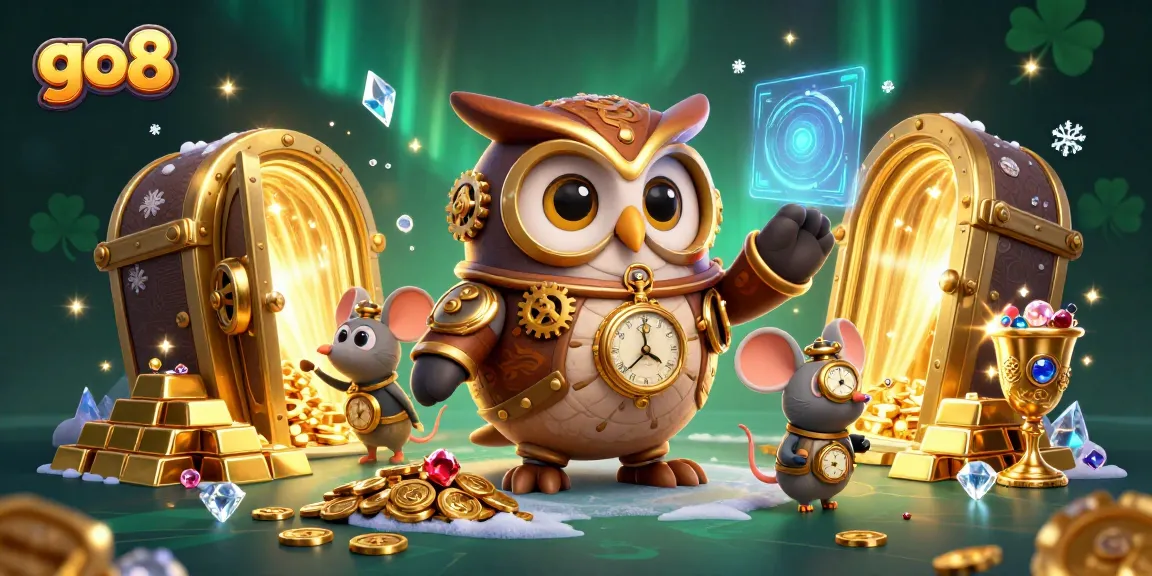 Engage in thrilling experiences at go8 as a time-traveler owl navigates a vibrant casino world.