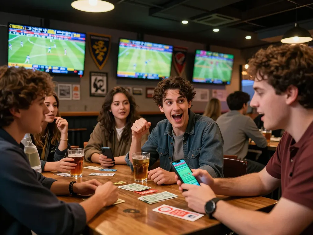 Exciting sports betting moment at a lively bar with friends engaged in TOPBET activities