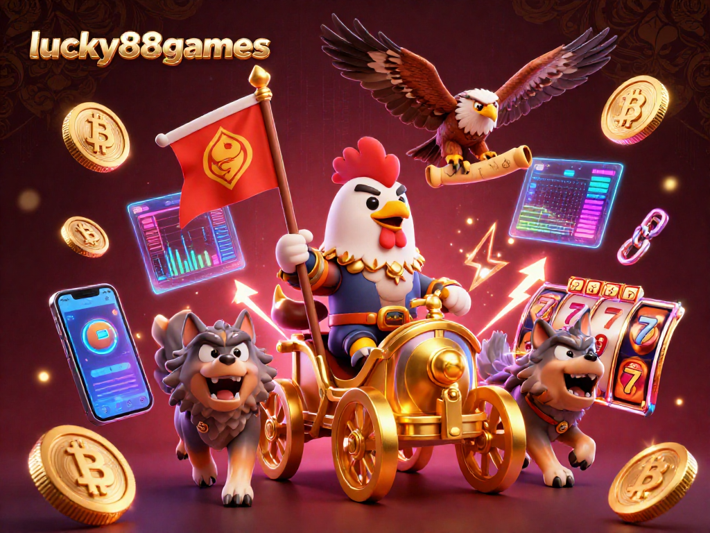 Engage in thrilling games at lucky88games, featuring a dynamic casino scene with a rooster warlord and cryptocurrency elements.