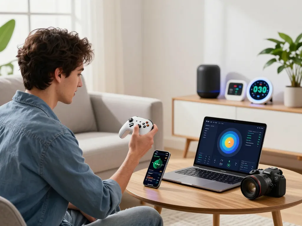 Innovative tech gadgets showcased in a modern living room, featuring Bluetooth gaming controller and health tracking smartphone.