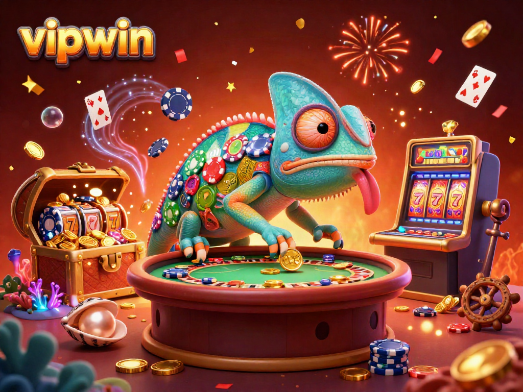 Join the fun at vipwin with a vibrant casino scene featuring a colorful chameleon surrounded by slot games.