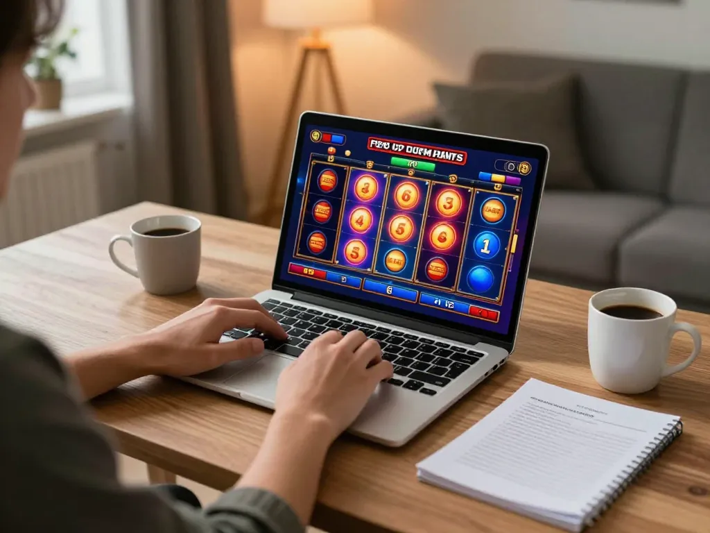 Casino en ligne qui paye rapidement en action, montrant un joueur faisant tourner des machines à sous en ligne sur une interface de jeu vibrante.
