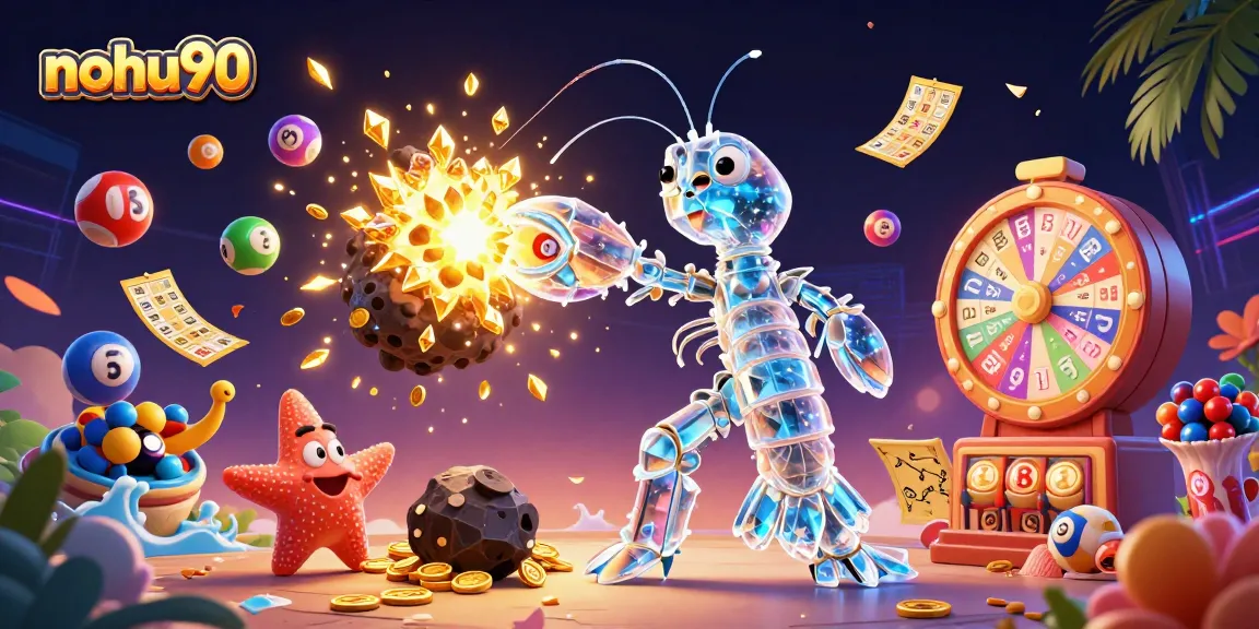 Nohu90 showcases a galactic samurai mantis shrimp joyously exploding golden gems in a vibrant casino scene.