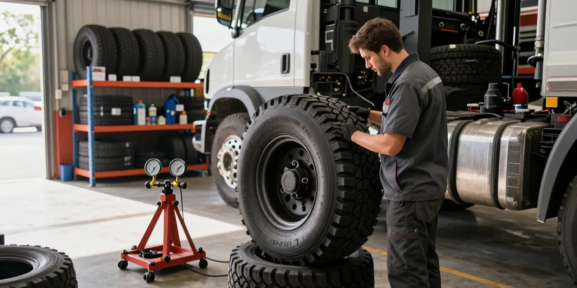 Technician examining Double Coin RR99 tire in busy garage, showcasing quality and reliability.