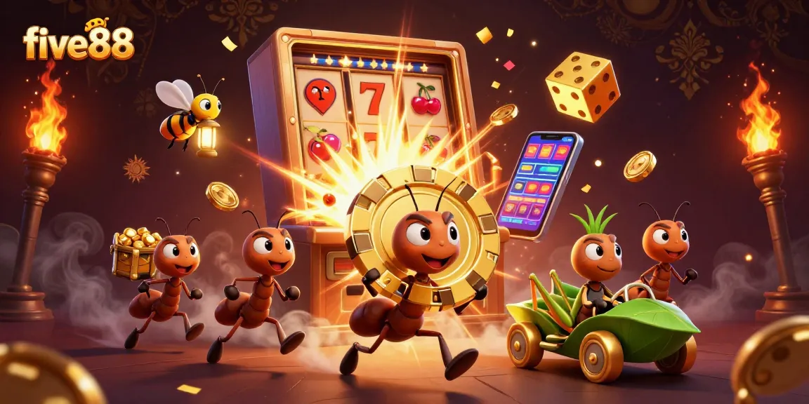 Engage with five88's vibrant casino adventure featuring a heist by cartoon ants with golden chips.