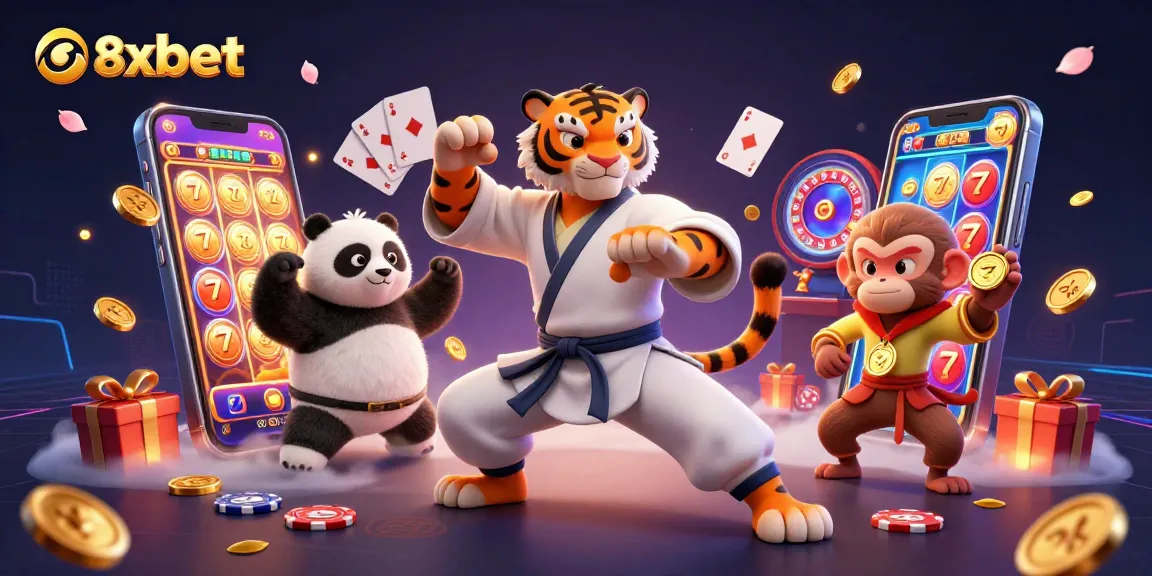 Engage in the excitement of 8xbet with a vibrant 3D scene of playful characters amidst slot games and casino elements.