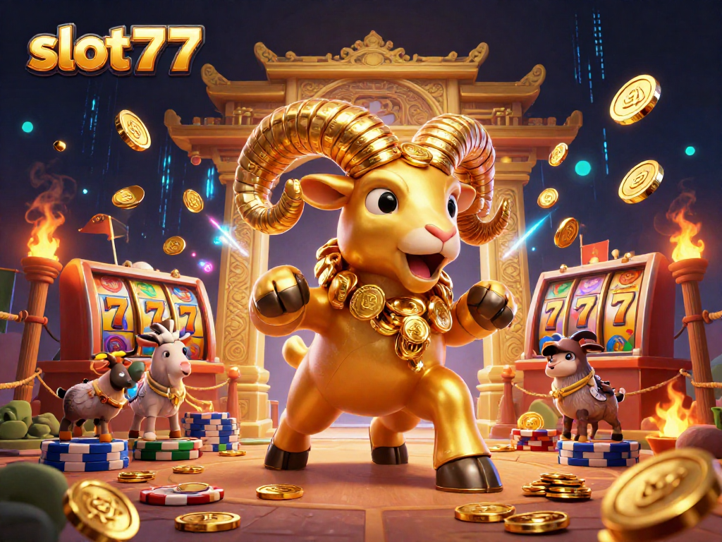 Experience thrilling action with slot777 featuring a golden ram charging towards jackpot reels.
