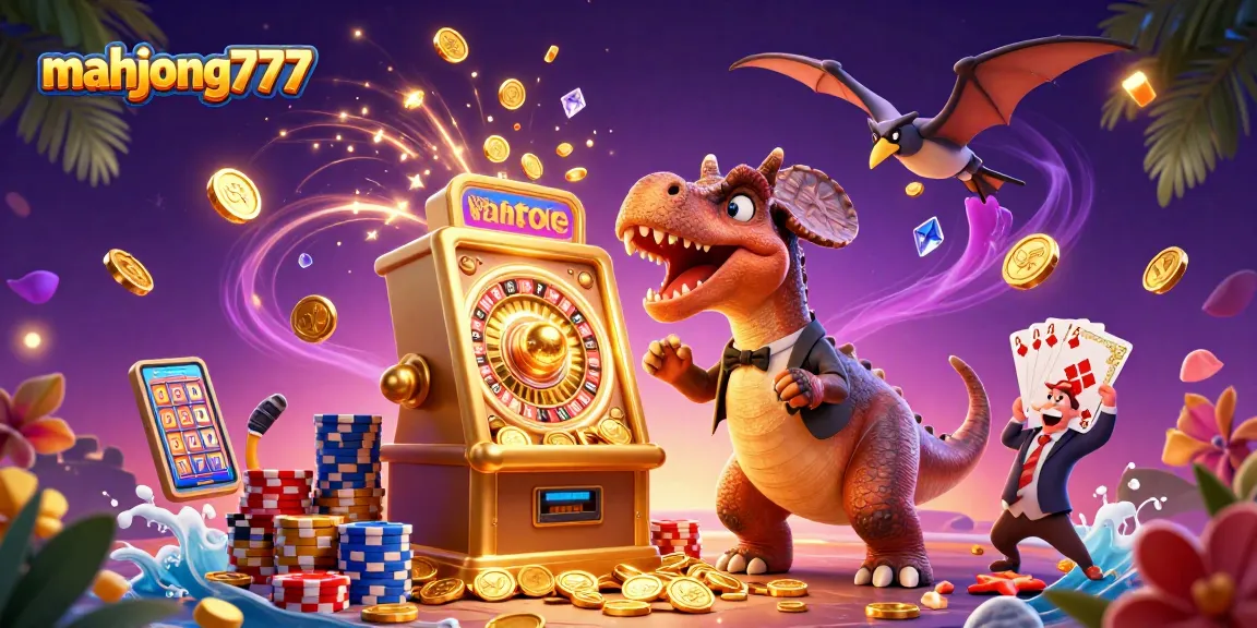 Experience the thrill of winning with mahjong777 as a dinosaur interacts with a vibrant casino environment.
