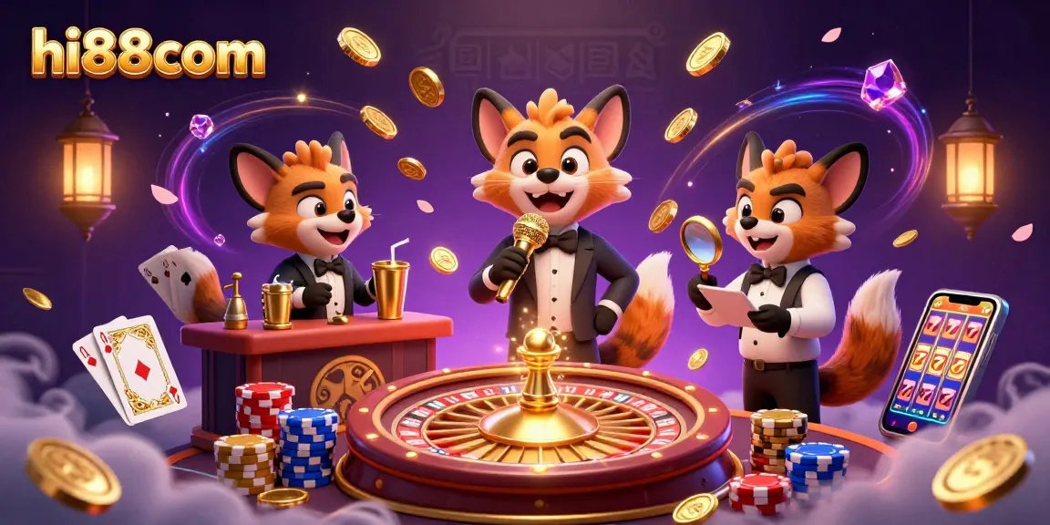 Join the fun at hi88com's vibrant casino with hyenas, playing cards, and a roulette wheel!