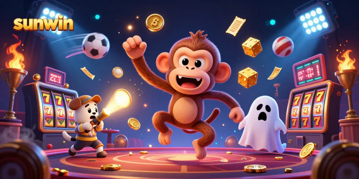Experience thrilling gaming action with Sunwin's engaging haunted casino illustration featuring vibrant characters.