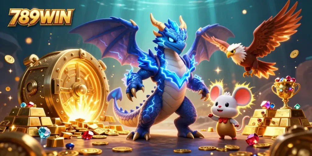 Engage with dynamic gaming at 789WIN, showcasing rich treasure elements and lively characters.