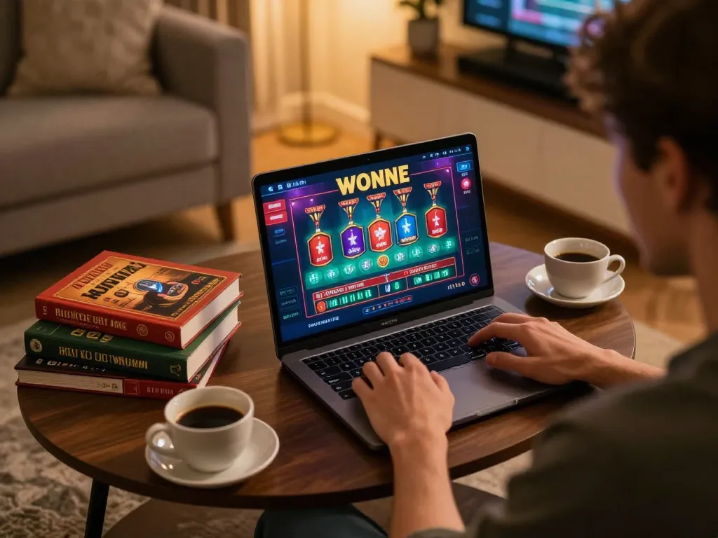 Engaging in online casino gameplay at home, showcasing tr88 vip gaming and strategy books in a cozy setting