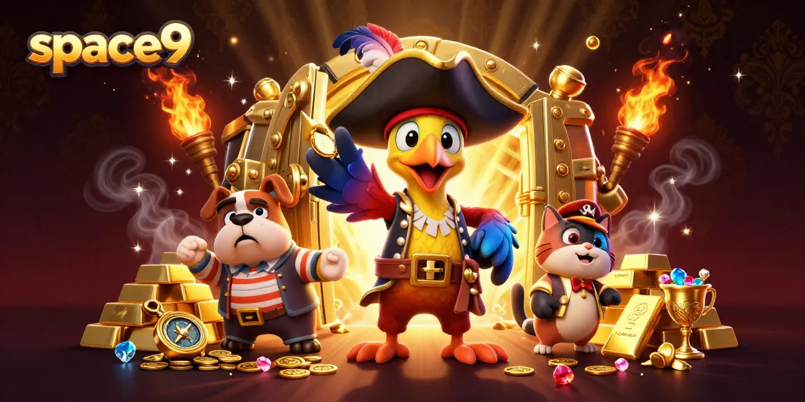 Play exciting games at Space9 casino with pirate-themed characters and a treasure vault background.