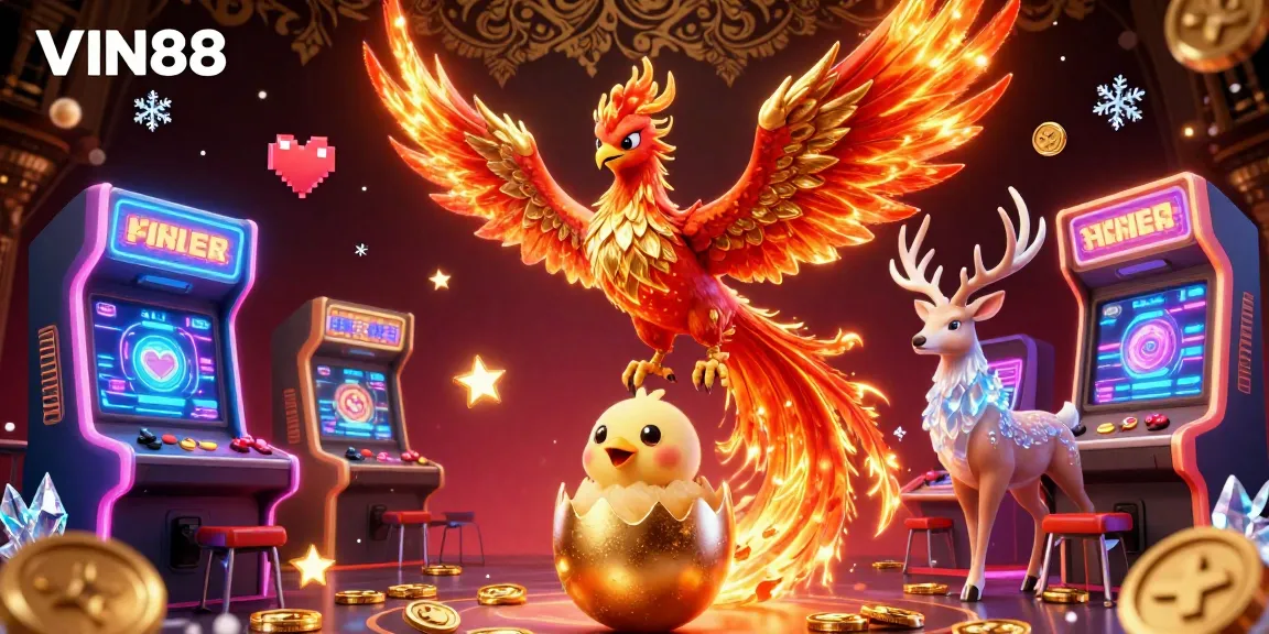 Experience thrilling gaming with VIN88, illustrated by a fire phoenix and dynamic arcade elements.