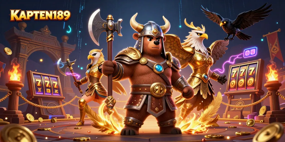 KAPTEN189 menyajikan pelaksanaan slot online gacor dengan elemen slot dan karakter unik di ilustrasi 3D penuh warna.