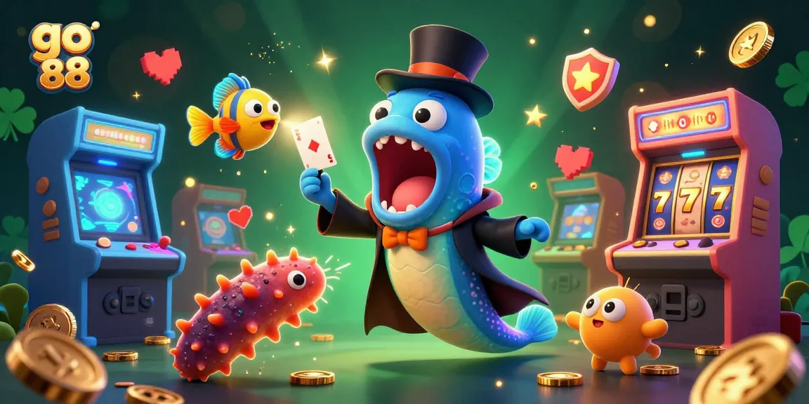 Go 88 themed casino scene with a bioluminescent eel performing magic tricks amidst vibrant game elements