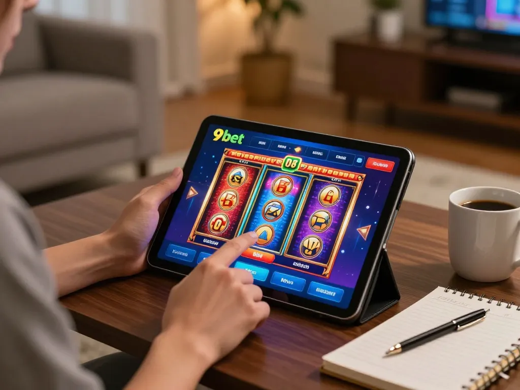 Engaging online gameplay on 9bet app displayed on tablet amidst a cozy home setting