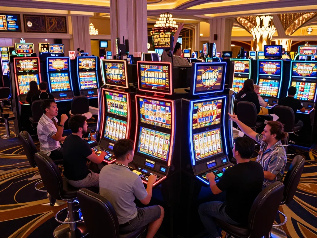 Players spinning slot machines in a lively casino area, highlighting excitement and engagement with slot pulsa gaming.