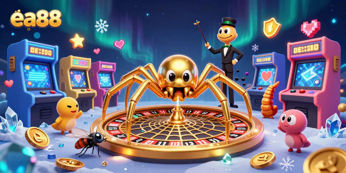 Place bets with ea88 in a dynamic casino scene featuring a golden spider and neon game elements.