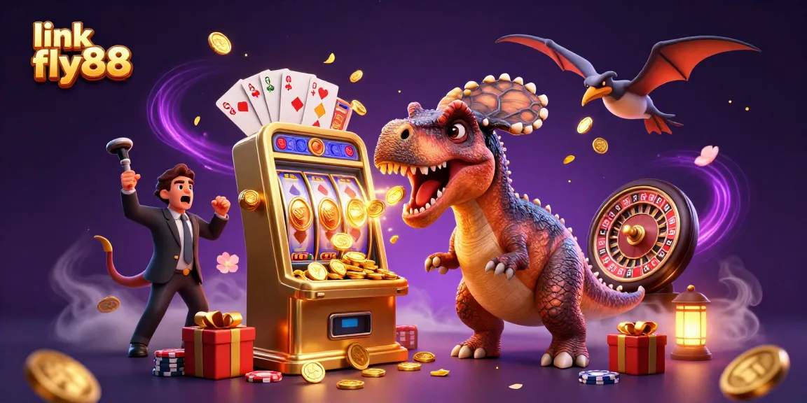 Experience the excitement of winning at link fly88 with a chaotic casino scene of dinosaurs.