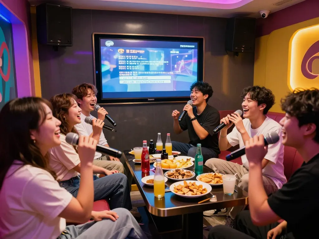 3no.org/bupyeong의 세련된 방에서 노래방을 즐기는 친구들 그룹.