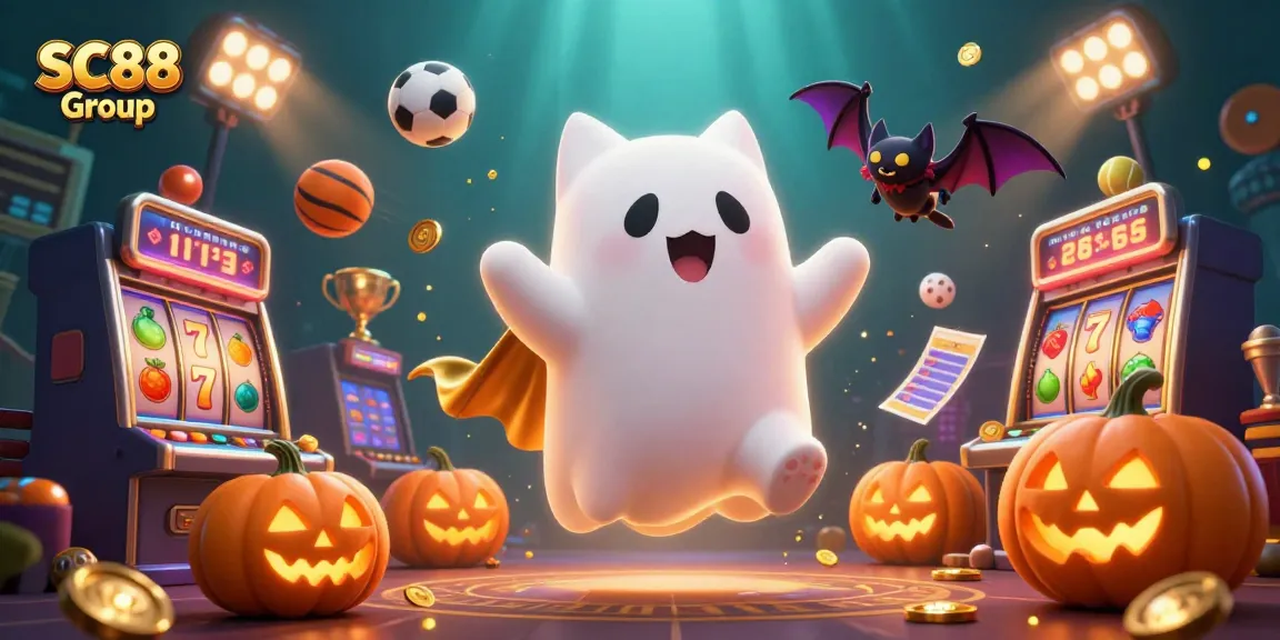 Engage with SC88 Group’s exciting casino scene featuring a ghost cat, spooky elements, and vibrant slots.