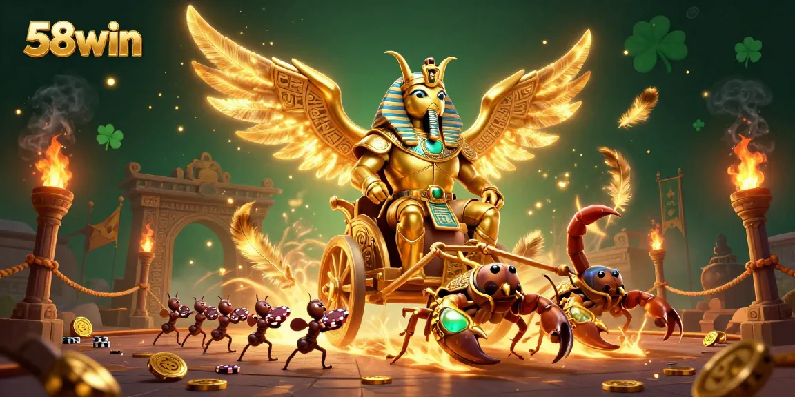 Engage with 58win through a thrilling casino battle featuring a golden scarab in pharaoh armor.