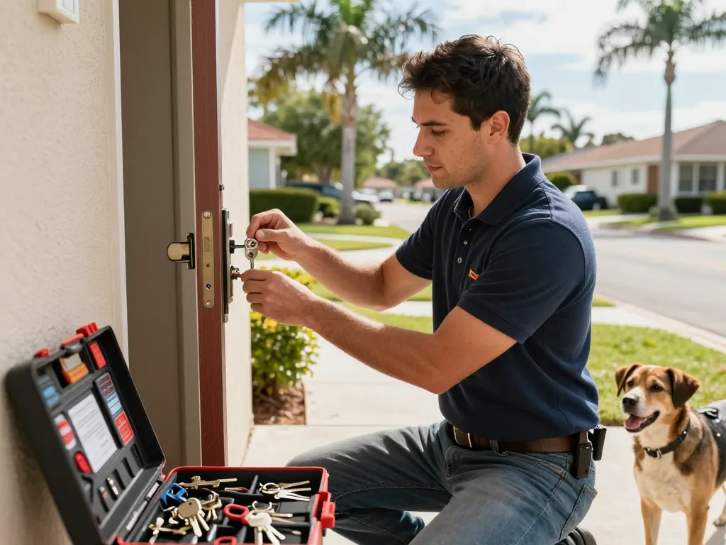 Palm City locksmith services with a technician rekeying a residential door lock in a sunny neighborhood.