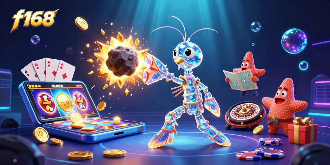 Engage with the thrilling f168 gaming experience featuring dynamic characters amidst slot games and glowing coins.