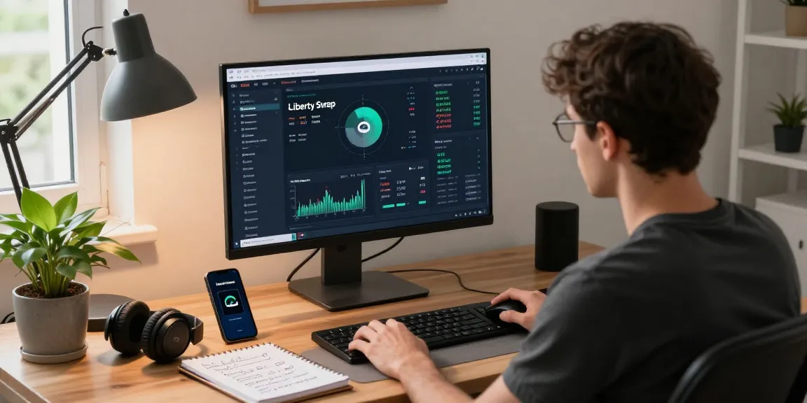 Tech-savvy trader using Liberty Swap in a modern home office with crypto strategy notes.