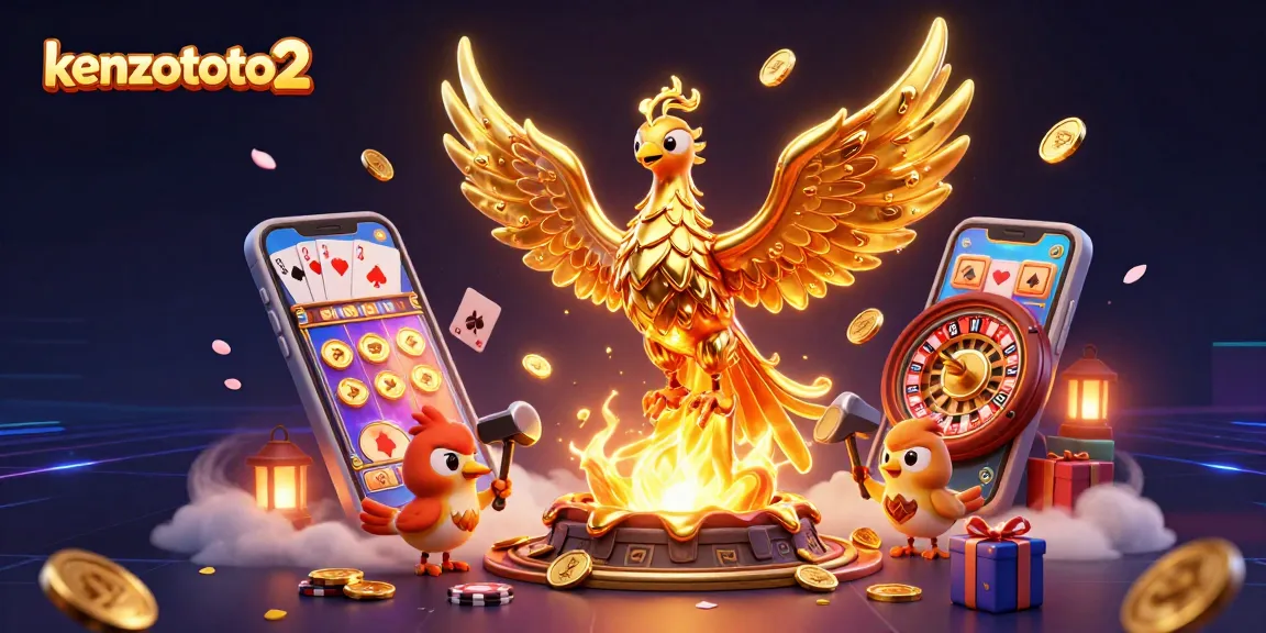 Kenzototo2 menghadirkan phoenix emas yang meneteskan uang koin dalam ilustrasi kasino yang memikat.