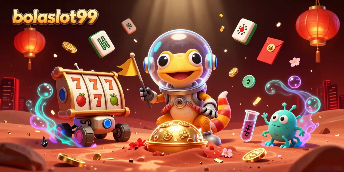 Experience the vibrant world of bolaslot99 with a Martian gecko exploring a golden casino.
