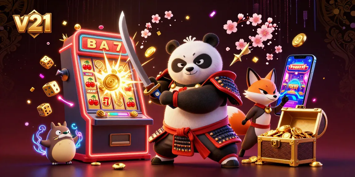 Menangkan jackpot di slot v21 dengan karakter panda samurai dan rubah ninja, dikelilingi oleh keberuntungan.