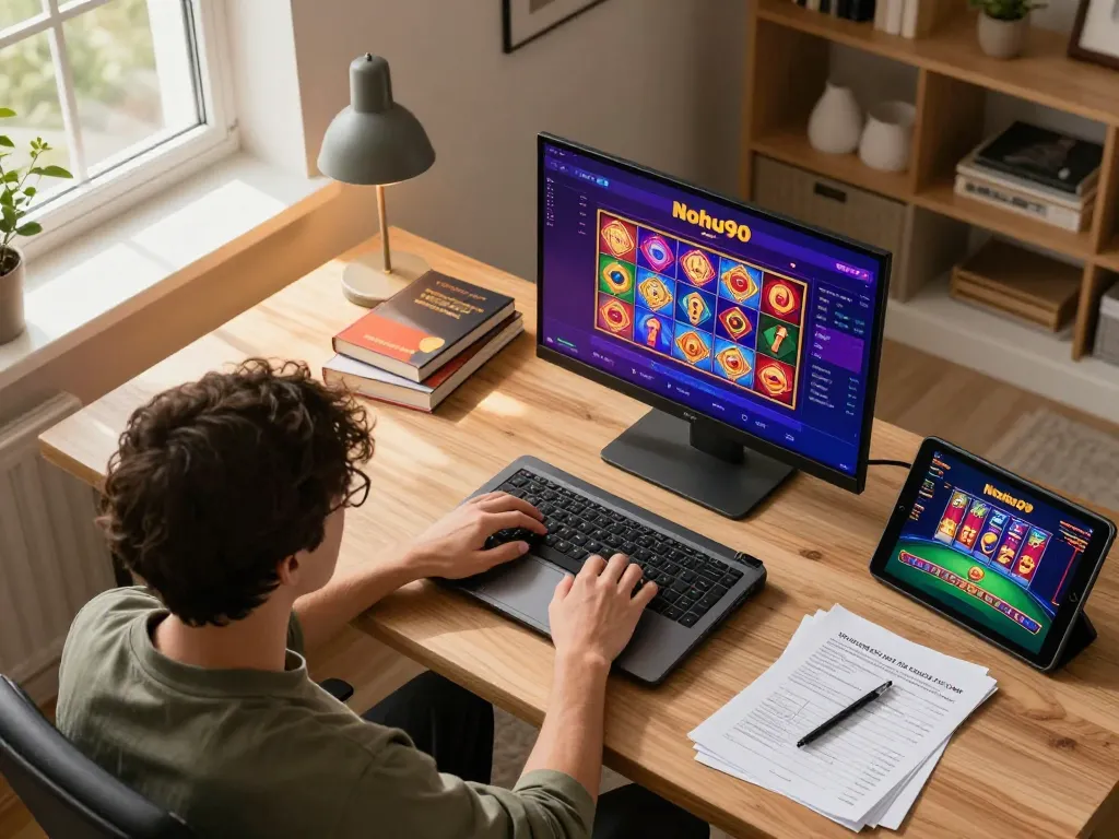 Nohu90 online gaming scene showing a player engaged with colorful slots and live games